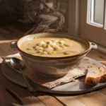 A steaming bowl of 4 Ingredient Potato Soup with a creamy, smooth texture, served in a rustic bowl with a spoon beside it.