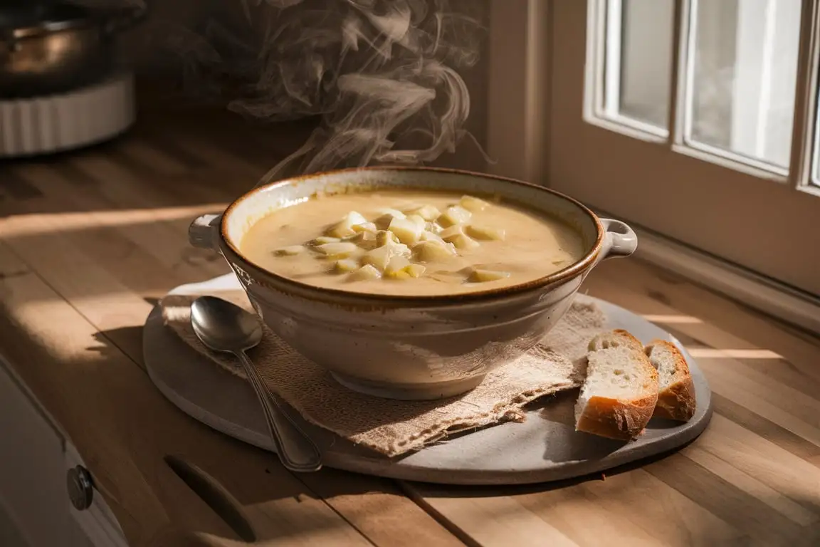 A steaming bowl of 4 Ingredient Potato Soup with a creamy, smooth texture, served in a rustic bowl with a spoon beside it.