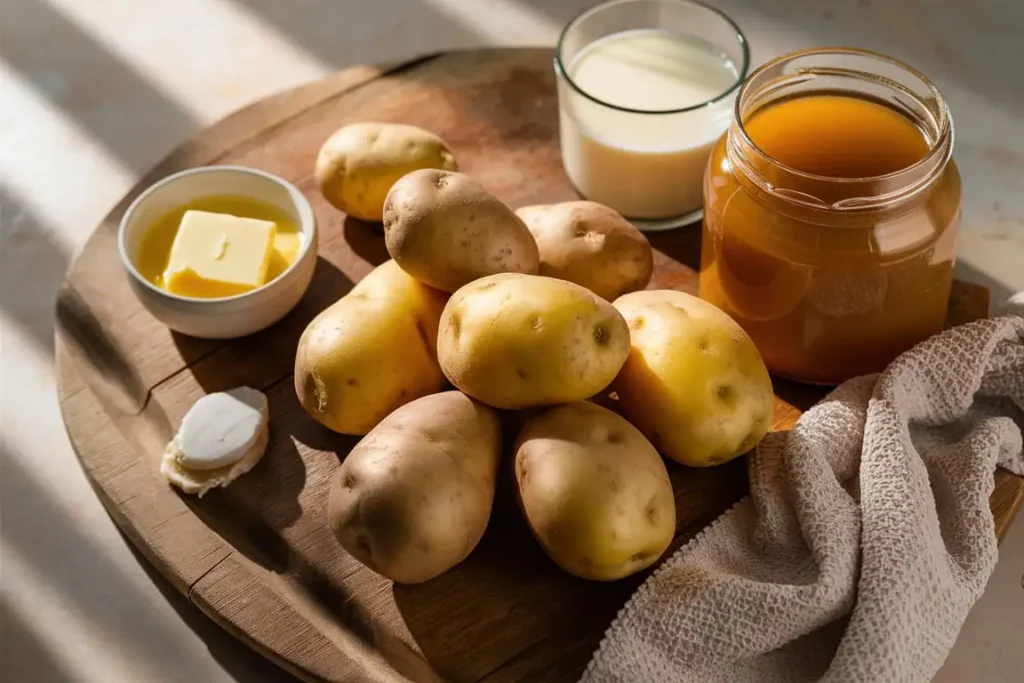Raw ingredients for 4 Ingredient Potato Soup: Yukon Gold potatoes, chicken broth, butter, and milk, arranged on a wooden cutting board.