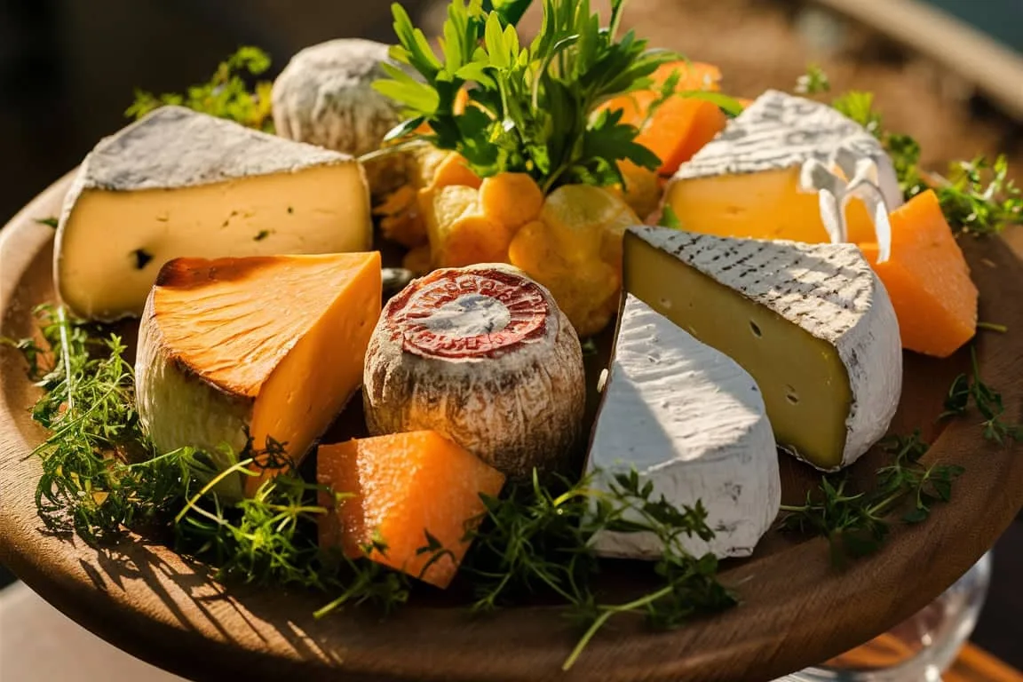 Assorted Turkish cheeses like beyaz peynir and tulum peyniri on a platter
