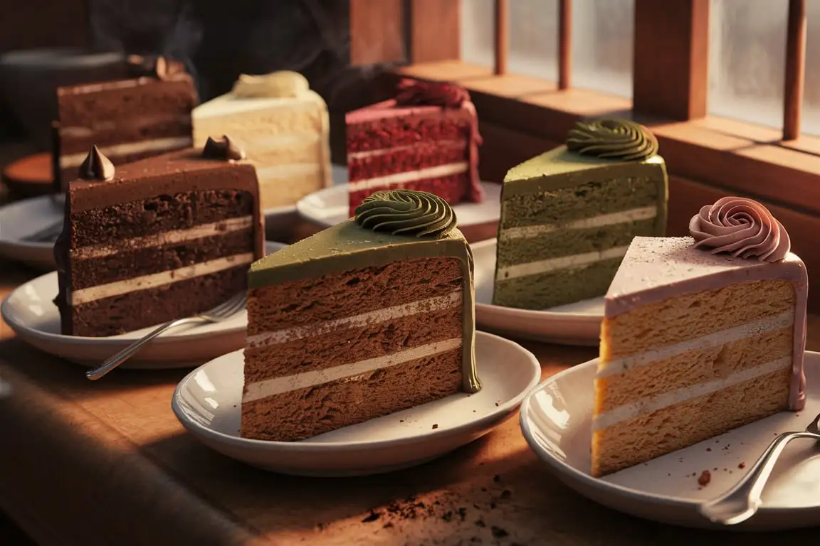 Best cake flavors, including chocolate, vanilla, and red velvet, displayed in a bakery.
