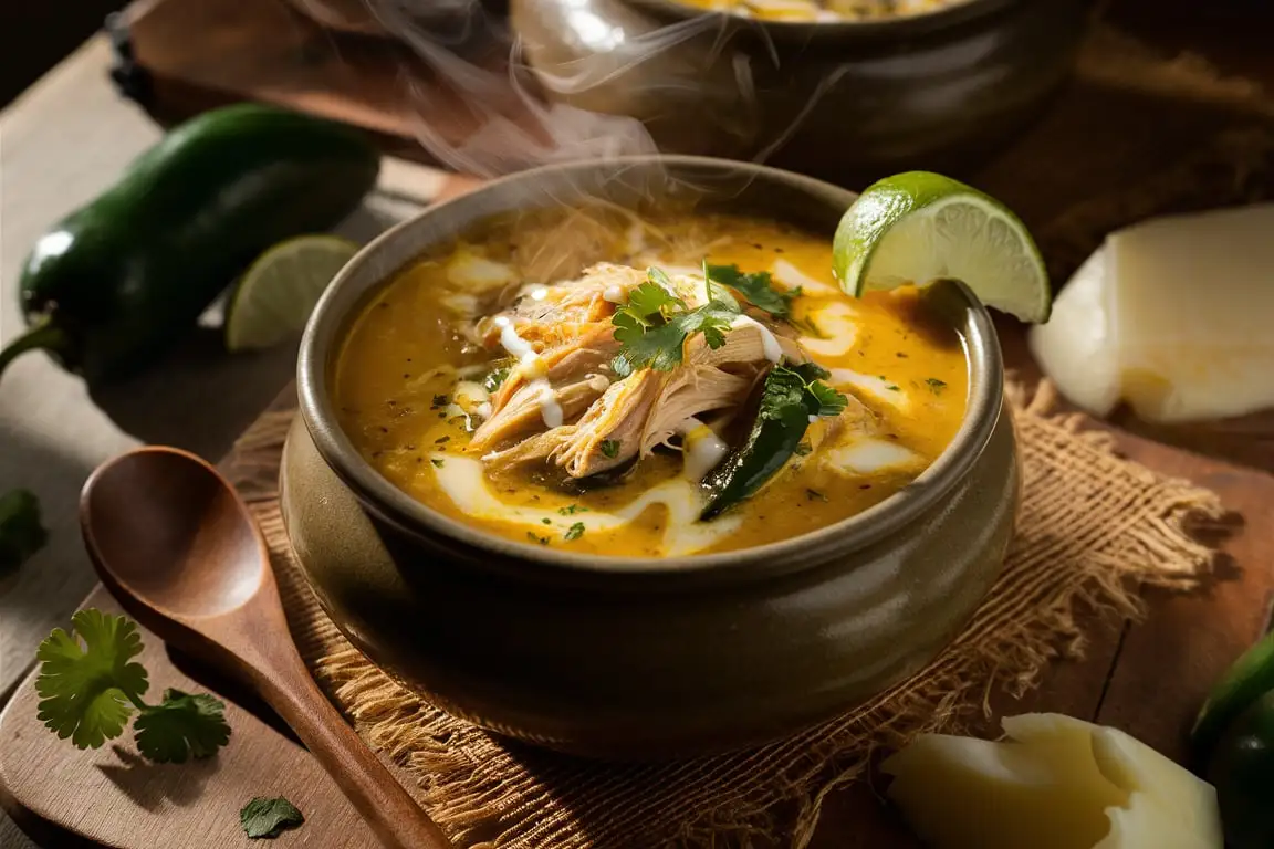 Chicken Poblano Soup in a bowl with fresh ingredients