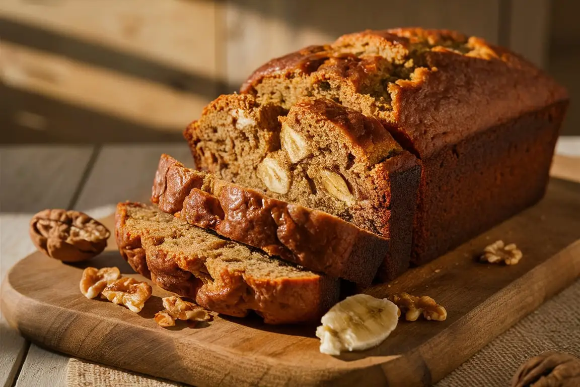 Moist 2 banana bread recipe loaf freshly baked on a wooden cutting board