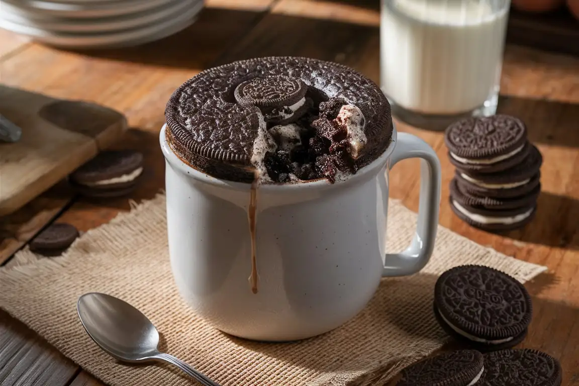 Oreo mug cake recipe in a white ceramic mug on a wooden table