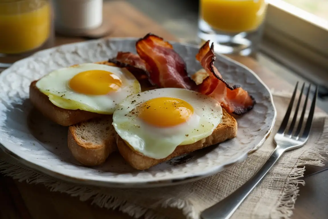 Over hard eggs with firm yolks on a breakfast plate