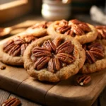 Freshly baked pecan pie cookies with a caramelized pecan topping, arranged on a rustic wooden board for a warm, homemade feel.