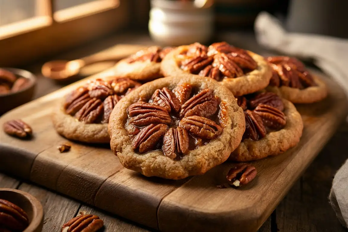 Freshly baked pecan pie cookies with a caramelized pecan topping, arranged on a rustic wooden board for a warm, homemade feel.