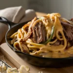Philly Cheesesteak Pasta in a skillet, featuring tender steak, melted cheese, and creamy sauce.