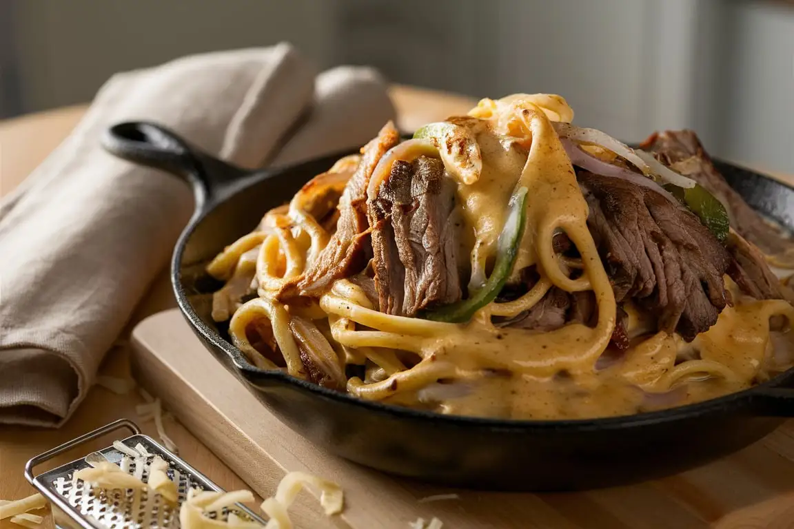 Philly Cheesesteak Pasta in a skillet, featuring tender steak, melted cheese, and creamy sauce.