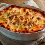 Chicken Alfredo Lasagna with layers of creamy white sauce, shredded chicken, and melted cheese, fresh out of the oven.
