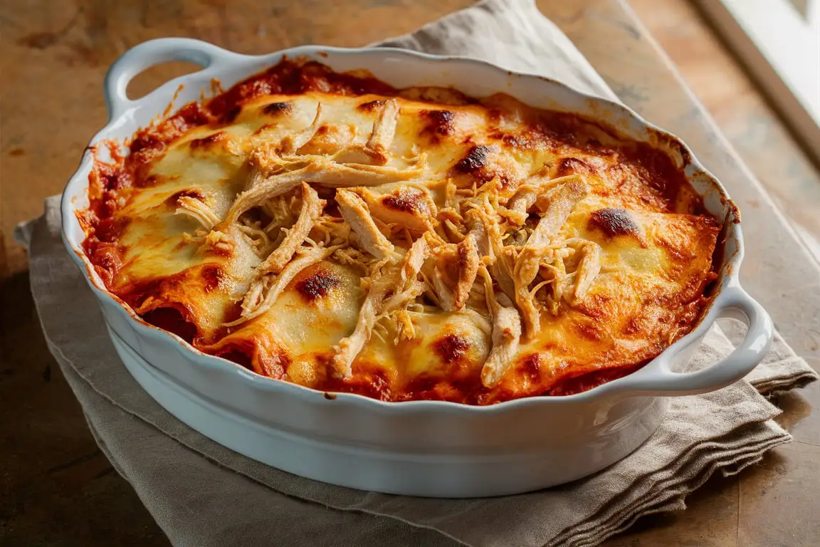 Chicken Alfredo Lasagna with layers of creamy white sauce, shredded chicken, and melted cheese, fresh out of the oven.