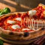 Deep Dish Pizza with golden crust, melted cheese, and rich tomato sauce