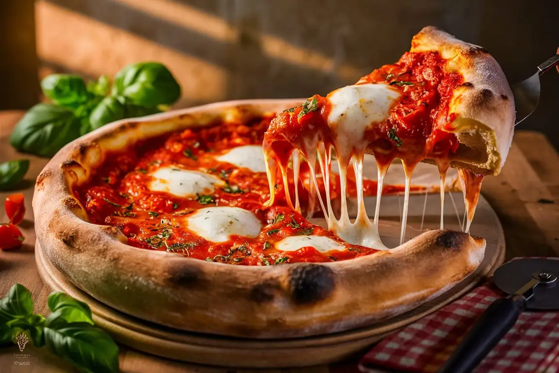 Deep Dish Pizza with golden crust, melted cheese, and rich tomato sauce