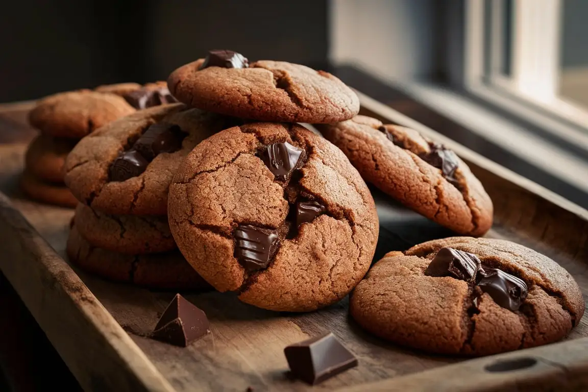 Freshly baked double chunk chocolate cookie on a rustic wooden tray