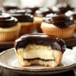 Freshly baked Boston Cream Pie Cupcakes with chocolate ganache.