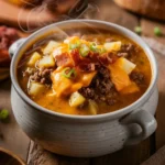 A steaming bowl of cheeseburger soup with ground beef, melted cheese, and crispy bacon.