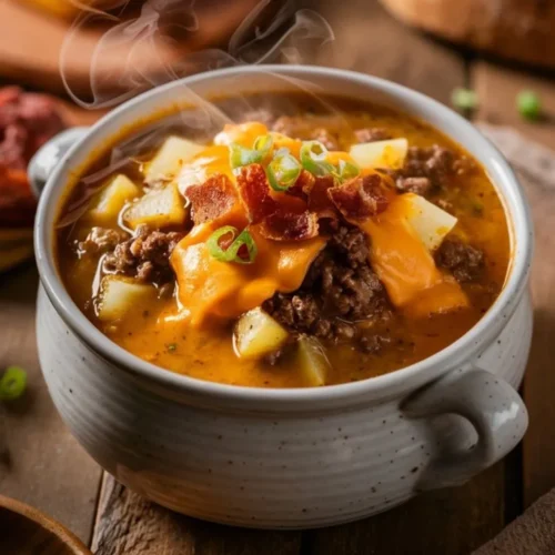 A steaming bowl of cheeseburger soup with ground beef, melted cheese, and crispy bacon.