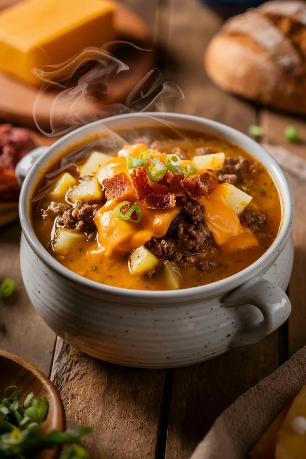 A steaming bowl of cheeseburger soup with ground beef, melted cheese, and crispy bacon.