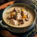 A steaming bowl of creamy chicken and mushroom soup garnished with fresh thyme, served in a rustic ceramic bowl with a wooden spoon on the side.