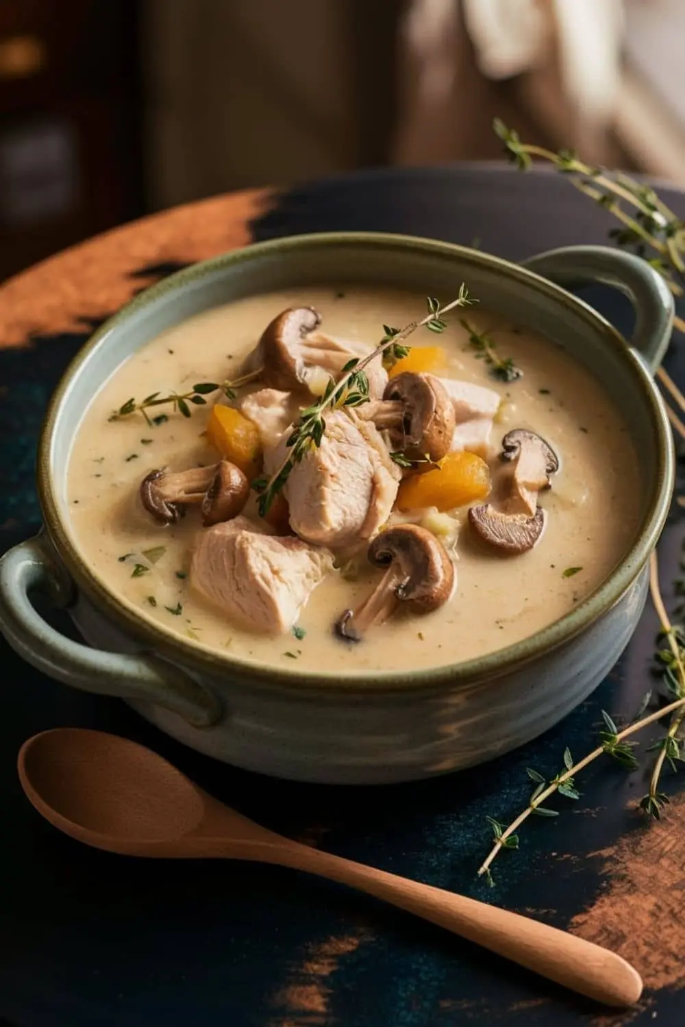 A steaming bowl of creamy chicken and mushroom soup garnished with fresh thyme, served in a rustic ceramic bowl with a wooden spoon on the side.