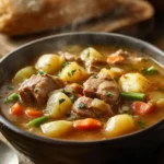 A steaming bowl of hearty Mulligan Stew with fresh herbs.