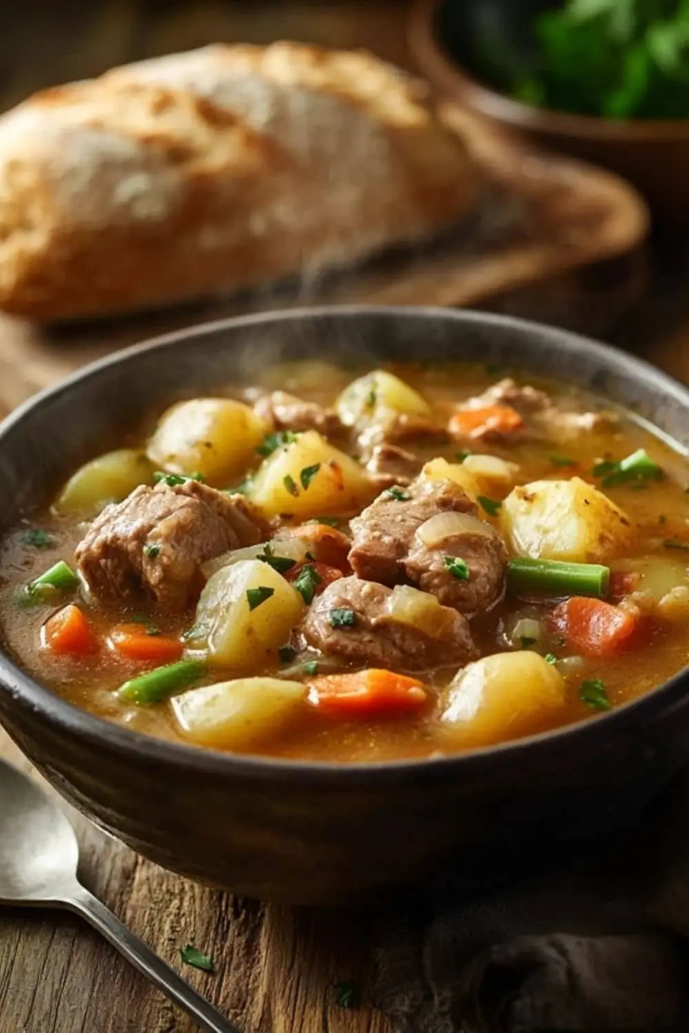 A steaming bowl of hearty Mulligan Stew with fresh herbs.