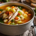 Chicken Vegetable Soup served in a rustic bowl with fresh vegetables and herbs, showcasing its rich broth and hearty texture