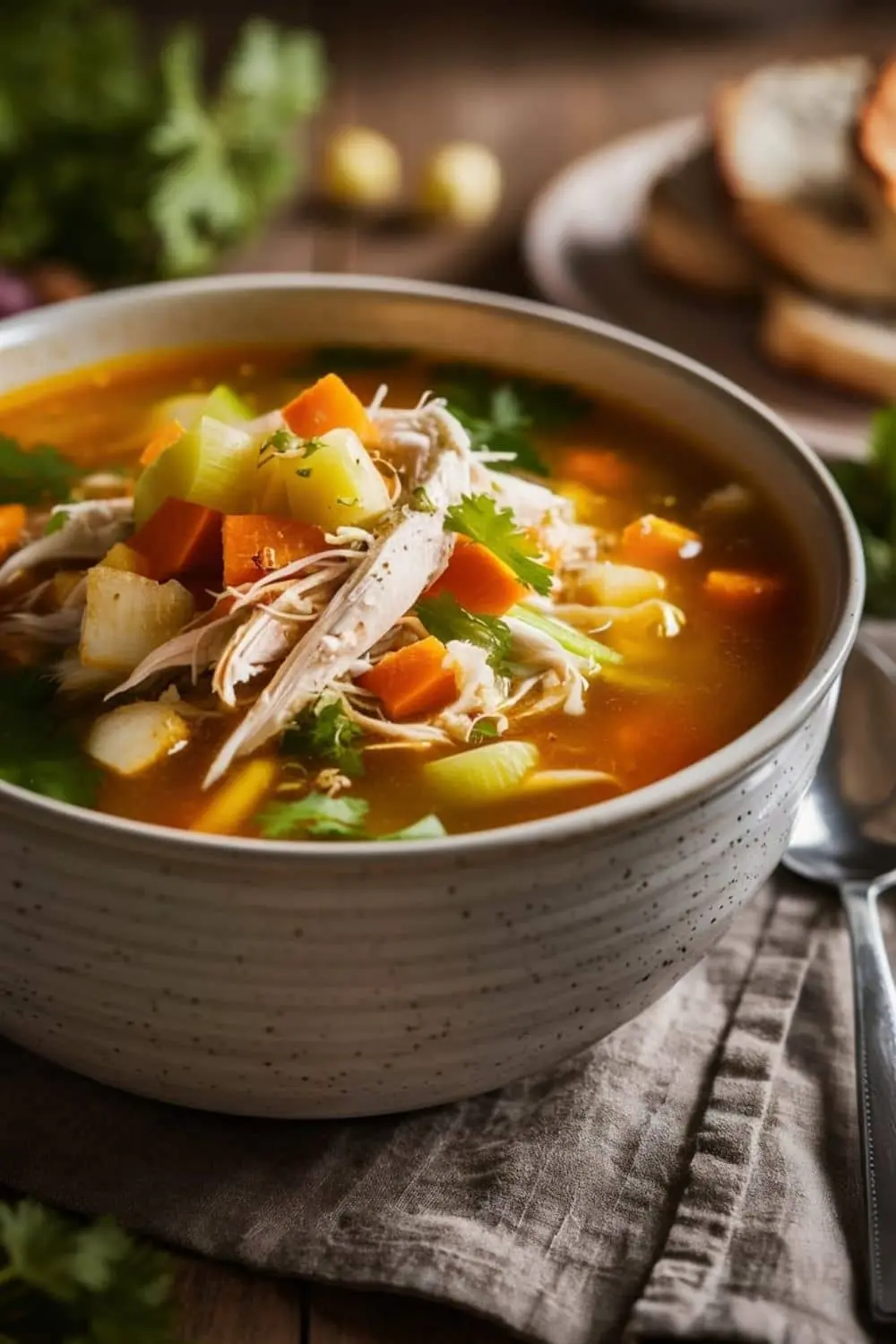 Chicken Vegetable Soup served in a rustic bowl with fresh vegetables and herbs, showcasing its rich broth and hearty texture