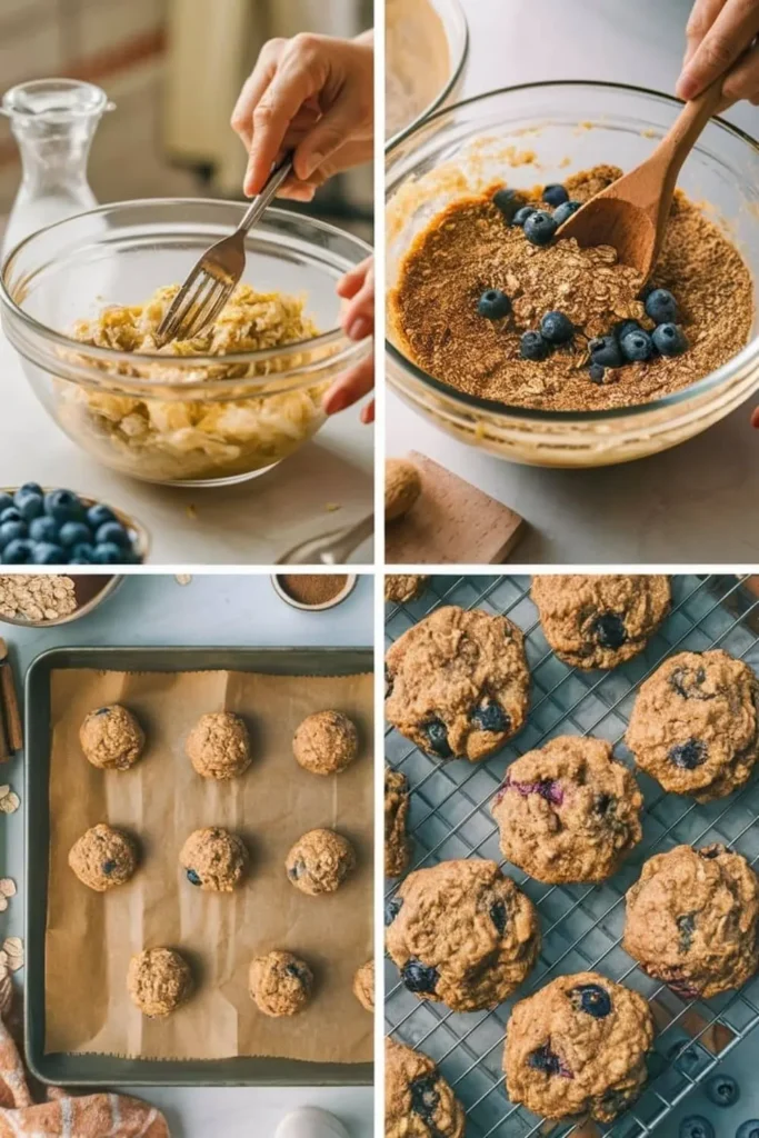 A four-step collage showing the process of making Blueberry Banana Breakfast Cookies, from mashing bananas to baking.