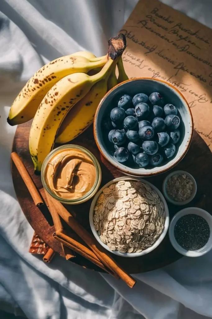 A flat lay of ingredients for Blueberry Banana Breakfast Cookies, including ripe bananas, blueberries, oats, and almond butter.
