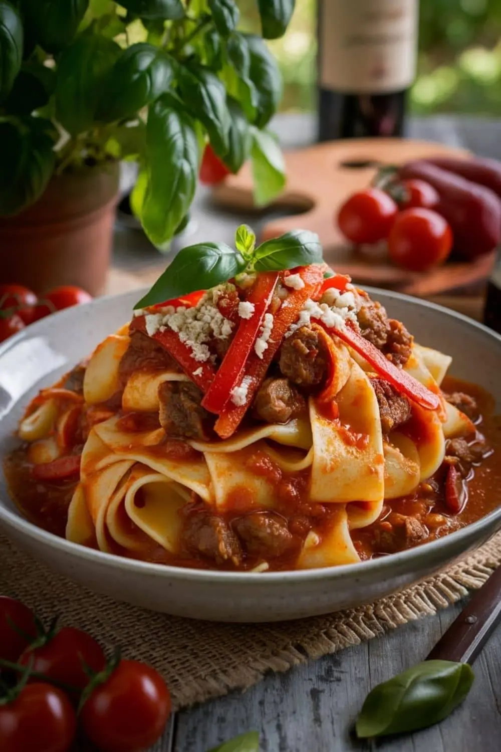 A bowl of Italian Drunken Noodles garnished with fresh basil and cherry tomatoes, served in a rustic Italian setting.