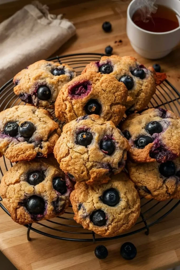 Freshly baked Blueberry Banana Breakfast Cookies cooling on a wire rack, ready to eat.