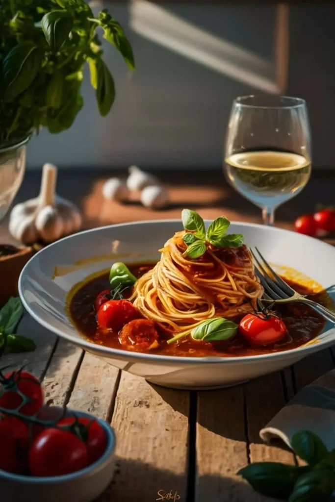 A bowl of Italian Drunken Noodles paired with a glass of white wine on a rustic wooden table.