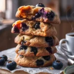 Freshly baked Blueberry Banana Breakfast Cookies stacked on a wooden board.