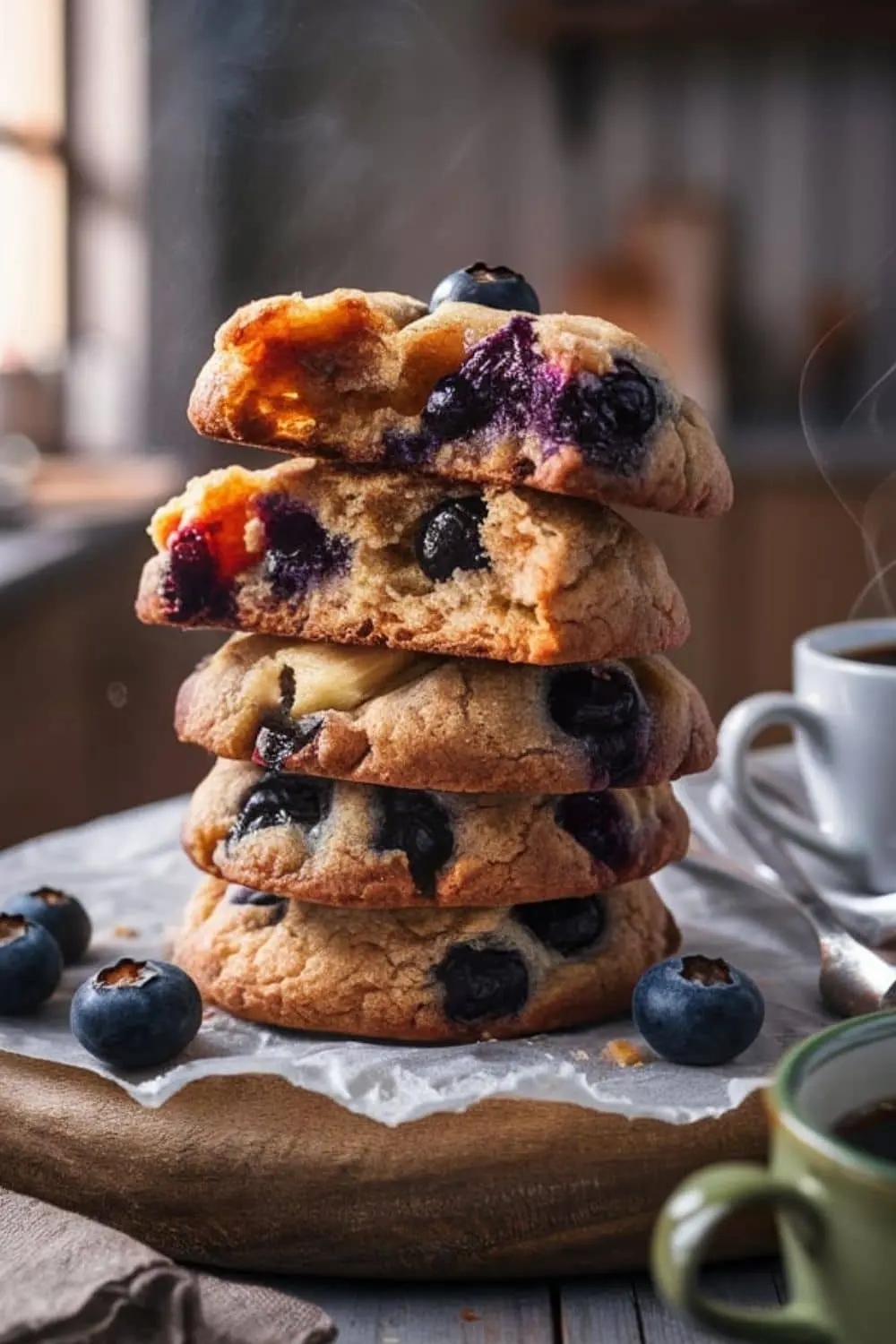 Freshly baked Blueberry Banana Breakfast Cookies stacked on a wooden board.