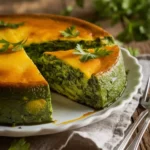 Spinach flan served on a white plate with fresh herbs, showcasing its creamy texture