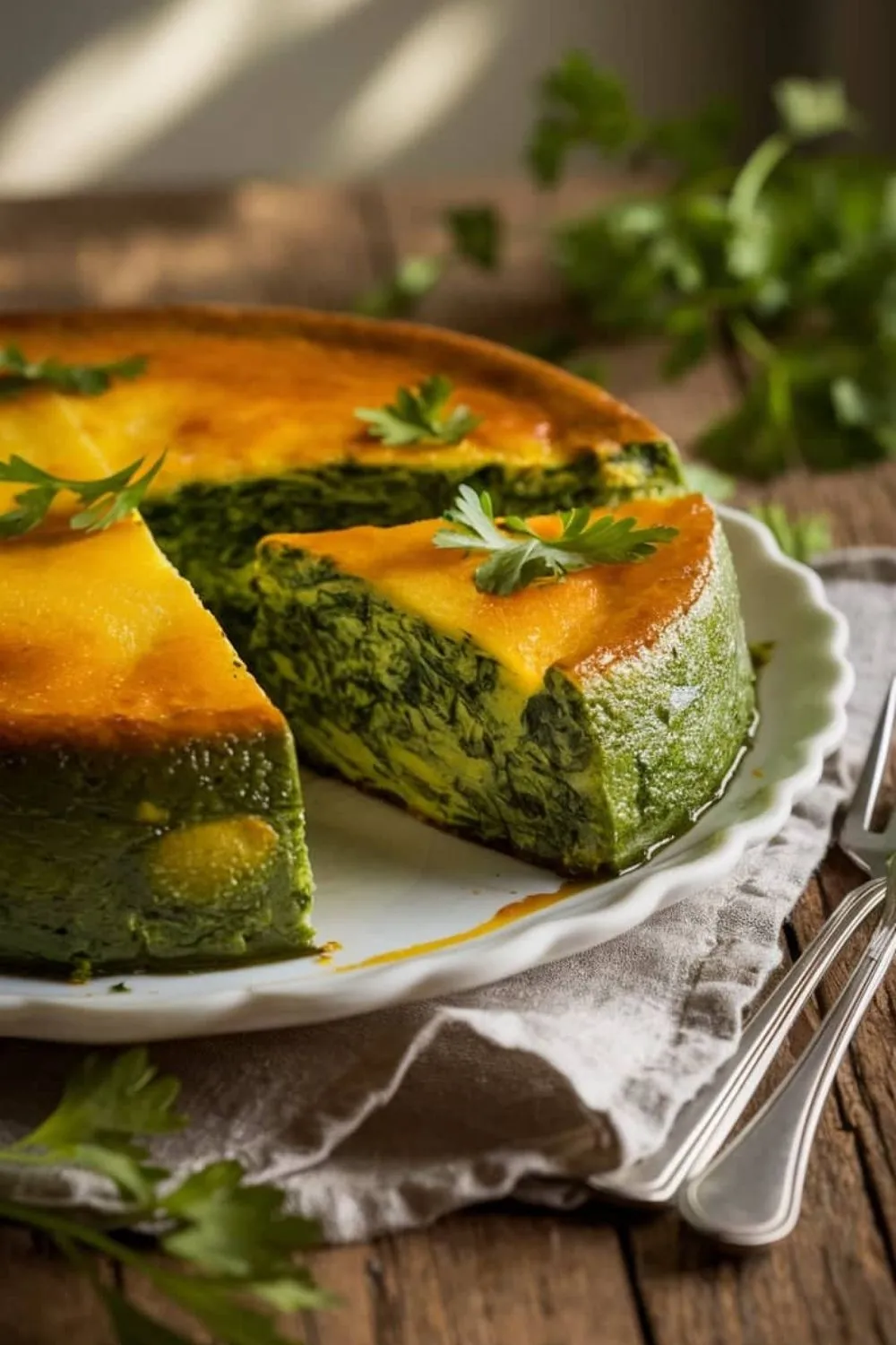 Spinach flan served on a white plate with fresh herbs, showcasing its creamy texture