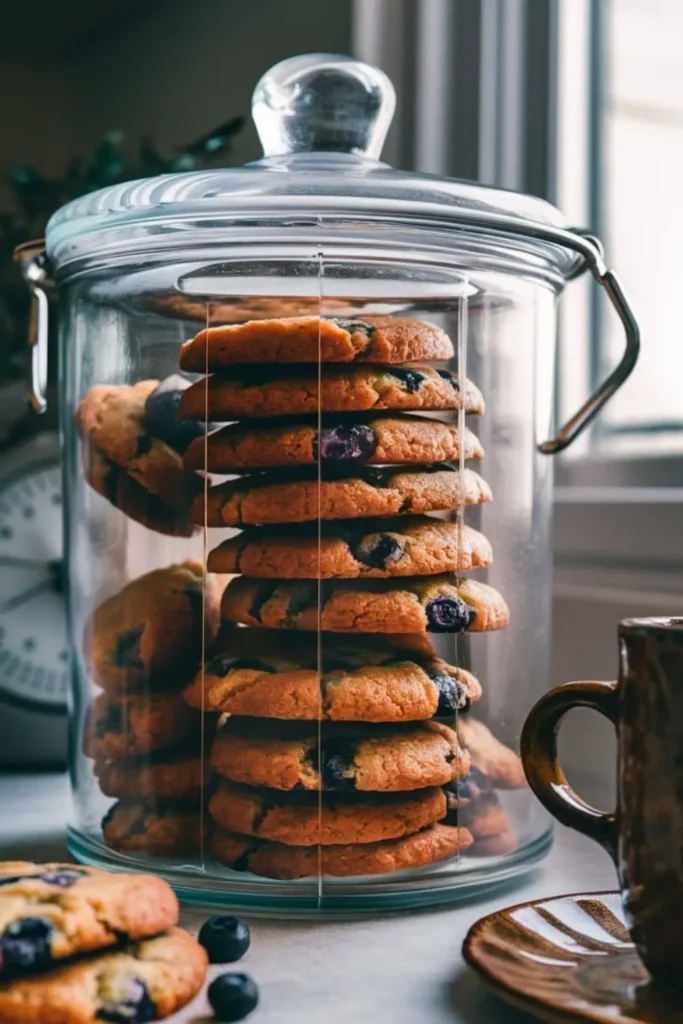 Meal-prepped Blueberry Banana Breakfast Cookies in a glass storage container, ready for the week.